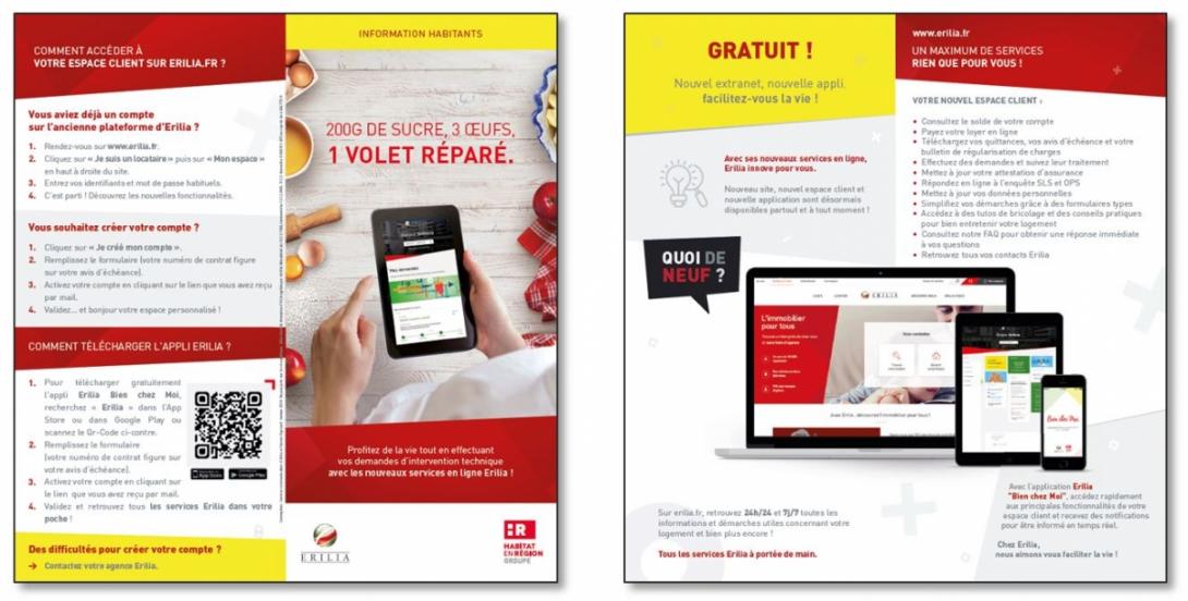 Dépliant recto-verso présentant les nouvelles fonctionnalités de l'espace client et de l'application